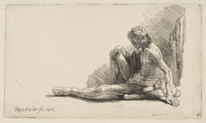Studie van de naakte: Man zittend op de grond, met één been uitgestrekt, 1646