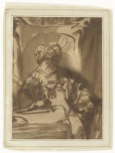 De acteur Willem Bartholsz Ruyter als koning Ahasveros op zijn troon door Rembrandt van Rijn