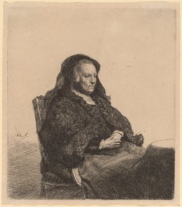 De moeder van de kunstenaar zittend aan een tafel, naar rechts kijkend door Rembrandt van Rijn