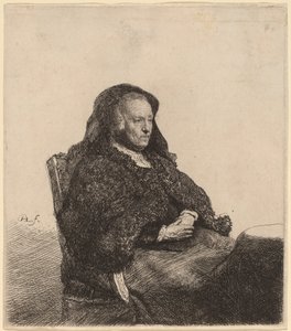 De Moeder van de Kunstenaar Zittend aan een Tafel, Kijkt Rechts door Rembrandt van Rijn