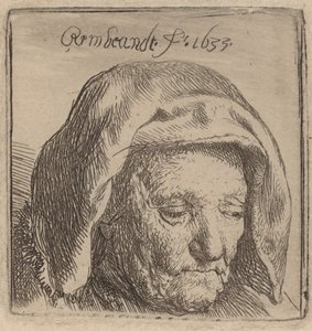 De moeder van de kunstenaar in een stoffen hoofddoek, naar beneden kijkend door Rembrandt van Rijn