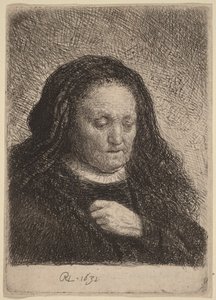 De moeder van de kunstenaar met haar hand op haar borst door Rembrandt van Rijn