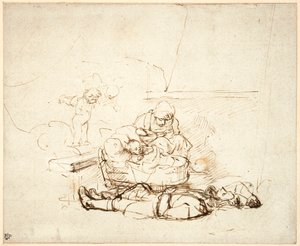 De Heilige Familie Slapend, met Engelen, 1645 door Rembrandt van Rijn