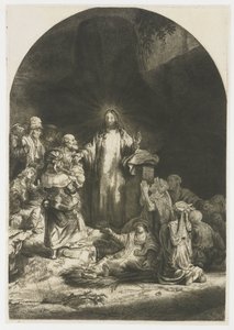De Honderd Guldens Prent: het centrale stuk met Christus predikend, de plaat gebogen door Rembrandt van Rijn