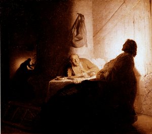 Het avondmaal van Emmaüs Christus verschijnt aan de pelgrims zittend aan een tafel in een herberg in Emmaüs