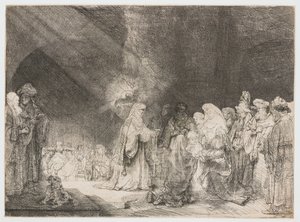 De presentatie in de tempel: langwerpige prent door Rembrandt van Rijn