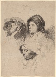 Drie Hoofden van Vrouwen, Eén Slapend door Rembrandt van Rijn