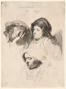 Drie hoofden van vrouwen, een slapend door Rembrandt van Rijn