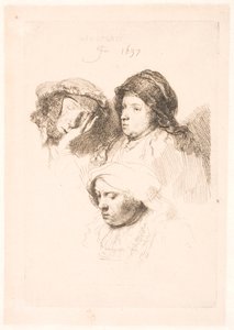 Drie hoofden van vrouwen, één slapend door Rembrandt van Rijn