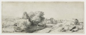 Uitzicht op de Diemerdijk met een melkboer en huisjes door Rembrandt van Rijn