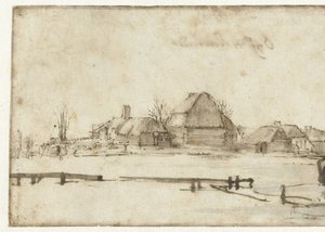 Wintergezicht met een waterweg, huisjes en twee boten door Rembrandt van Rijn
