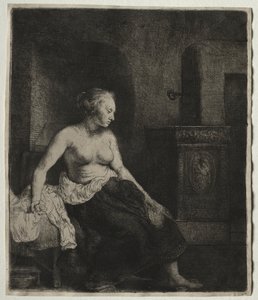 Zittende half aangeklede vrouw naast een kachel door Rembrandt van Rijn