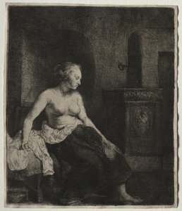 Vrouw die half aangekleed naast een kachel zit, 1658 door Rembrandt van Rijn