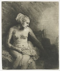 Vrouw in bad, met een hoed naast haar