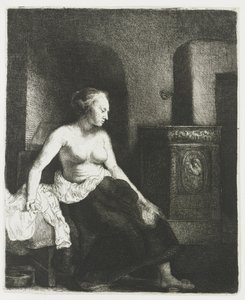 Zittende half aangeklede vrouw naast een kachel door Rembrandt van Rijn