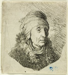 Vrouw met een hoge hoofddoek om de kin gewikkeld: buste door Rembrandt van Rijn