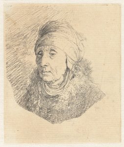 Vrouw met een hoge hoofdtooi die om de kin is gewikkeld: buste door Rembrandt van Rijn