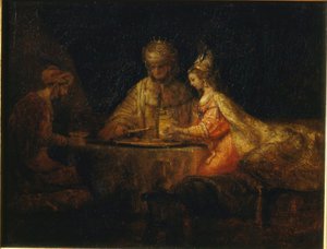 Ahasveros, Haman en Esther door Rembrandt van Rijn
