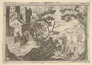 Landschap met gebouwen links en een brug rechts beneden door Remigio Cantagallina