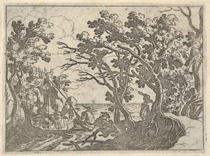 Landschap met visser aan de kust en mannelijke toeschouwer onder bomen, een man in een boot