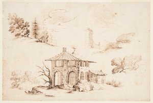 Schetsen van bomen en een huis