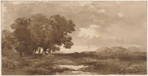 Landschap met links bomengroep