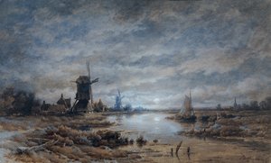 Maanlicht (kanallandschap met windmolens en schepen)