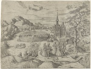 Landschap met gezelschap dat in een boot stapt door Remigius Hogenberg