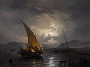 Een nachtlandschap met een zeilboot waar een vuur wordt aangestoken, na 1860