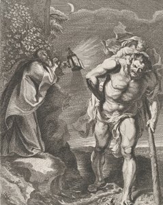 Sint Christoffel die het Christus Kind over een Stroom draagt, een andere man houdt een..., ca. 1636-80