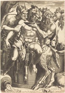 Twee Saters Geven Bacchus Te Drinken door René Boyvin after Luca Penni