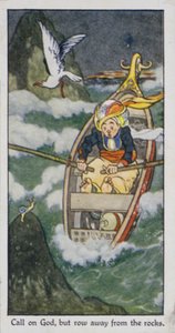 Oosters spreekwoord: Roep God aan, maar roei weg van de rotsen (kleur litho) door René Bull