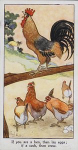 Oosters spreekwoord: Als je een hen bent, leg dan eieren; als een haan, kraai dan (kleur litho) door René Bull