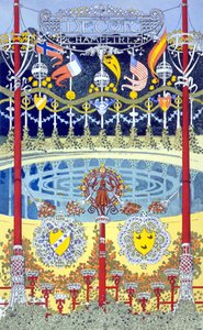 Decor Champetre, grafisch ontwerp dat een zwembad met feestelijke decoraties afbeeldt door Rene Binet