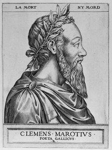 Portret van Clement des Marets genaamd Marot (1496-1544), Franse dichter - Clement Marotius poeta gallicus gravure door Rene Boyvin 1576