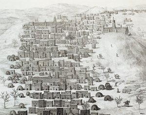 Uitzicht op de stad Timboektoe, Mali, gravure uit Reizen door Centraal-Afrika naar Timboektoe door Rene Caillie tussen 1824 en 1828, Afrika door Rene Caillie