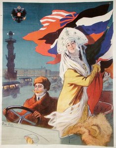 Koppel in een auto in St. Petersburg, poster die een Franse auto adverteert voor de Russische markt, c.1912 door Rene Pean