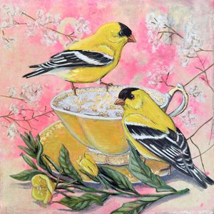 Lente-distelvinken en theekopje door Renee Machan Cottagecore Artist