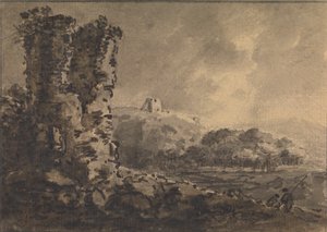 Klassiek Landschap met Ruïne Links, Twee Figuren Rechts door Rev. William Gilpin