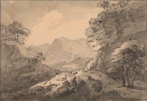 Bergachtig landschap met rotsachtige top rechts door Rev. William Gilpin