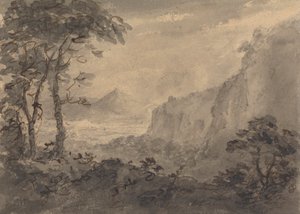 Bergachtig landschap met bomen - Hoge rotsen rechts door Rev. William Gilpin