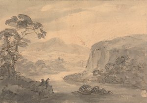 Bergachtig Landschap met Twee Figuren die uitkijken over een Meer door Rev. William Gilpin