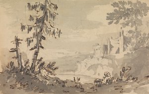 Pijnbomen en kasteel in een landschap door Rev. William Gilpin