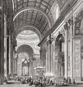 Een processie in de Sint-Pietersbasiliek, Vaticaanstad, Rome, Italië in de late 19e eeuw. Uit Italiaanse foto