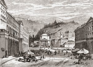 Een straat in Turijn, Italië in de late 19e eeuw. Uit Italiaanse afbeeldingen door Rev. Samuel Manning, gepubliceerd ca. 1890. door Reverend Samuel Manning