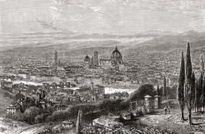 Een uitzicht op Florence, Toscane, Italië vanaf het terras van San Miniato, in de late 19e eeuw. Uit Italiaanse Prenten door Rev. Samuel Manning, gepubliceerd c.1890.