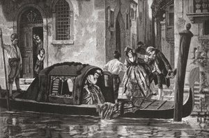 Passagiers stappen uit een gondel aan het Canal Grande, Venetië, Italië in de late 19e eeuw. Uit Italiaanse foto