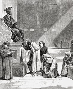 Mensen kussen de voeten van het standbeeld van Sint-Pieter in de Sint-Pietersbasiliek, Vaticaanstad, Rome in de late 19e eeuw. Uit Italiaanse afbeeldingen door Rev. Samuel Manning, gepubliceerd ca. 1890.