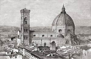 De Duomo en Campanile van de Basilica di Santa Maria del Fiore, Piazza del Duomo, Florence, Italië in de late 19e eeuw. Uit Italiaanse foto