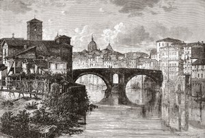 De Pons Fabricius, of Ponte dei Quattro Capi, en Tiber-eiland, Rome, Italië in de late 19e eeuw. Uit Italiaanse Afbeeldingen door Rev. Samuel Manning, gepubliceerd ca. 1890.